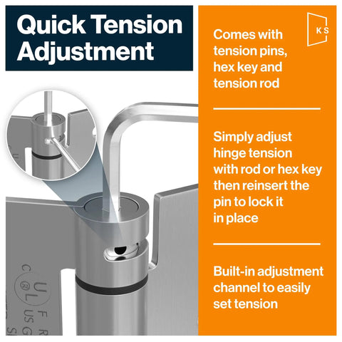 Mortise Spring Hinge Kit With Automatic Self Closing, Heavy Duty Steel Door Hinges, tension adjustment feature shown