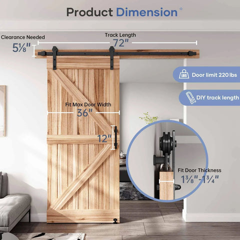 Sliding Barn Door Track And Handle Hardware Kit With Straight Pulley For Smooth Quiet Operation And Easy Installation, 6 Ft Track Kit shown installed on wooden door.