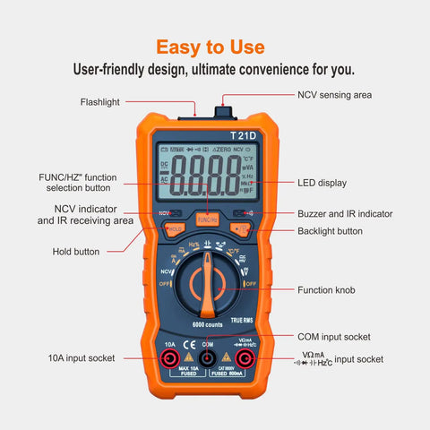 Auto Ranging Pro Grade Digital Multimeter with TRMS 6000 counts front view showing display and control buttons