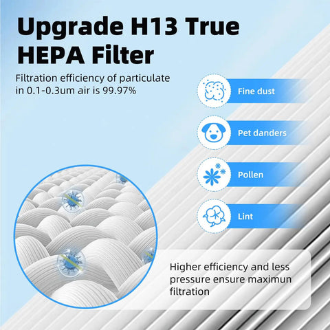 Diagram of Vital 100 Replacement Filter Pack For Air Purifier 3 Pack 3 In 1 H13 HEPA filtering fine dust and allergens.