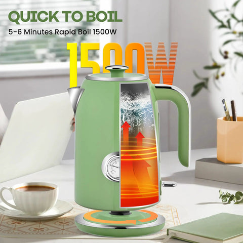 Retro Green 1.7L Stainless Steel Electric Kettle With Temperature Gauge Rapid Boil 1500W Auto Shutoff Boil Dry Protection