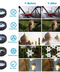 Before-and-after photos showing effects of flow, radial, kaleidoscope, and star filters from 10 In 1 Smartphone Lens Kit With Macro Wide Fisheye Telephoto Kaleidoscope CPL Radial Star Filters And Remote Shutter For Pro Grade Shots On Iphone Samsung LG And Most Smartphones
