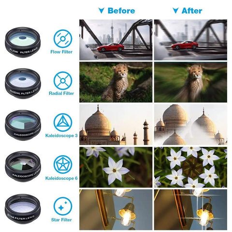 Before-and-after photos showing effects of flow, radial, kaleidoscope, and star filters from 10 In 1 Smartphone Lens Kit With Macro Wide Fisheye Telephoto Kaleidoscope CPL Radial Star Filters And Remote Shutter For Pro Grade Shots On Iphone Samsung LG And Most Smartphones