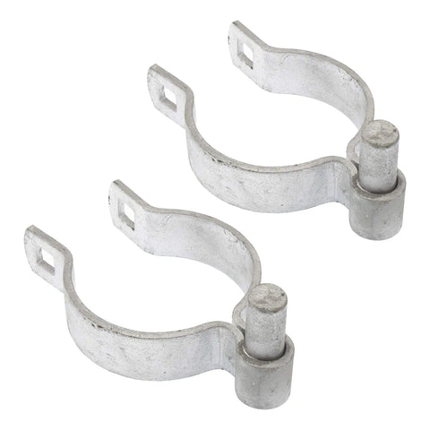 Tough As Nails Heavy Duty Chain Link Fence Gate Hinge Set With Bolts For 3 Inch Gate Frames Fits 2 7/8 Inch OD Posts Pack Of 2 Hot Dip Galvanized Rust Resistant Outdoor Hardware, showing two galvanized metal hinges.