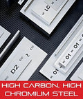 Collection of precision ground flat stock, high carbon, high chromium steel, labeled D2 and O1, on textured black surface