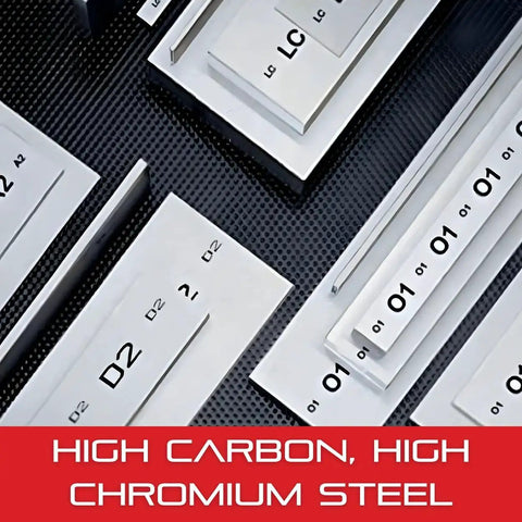 Collection of precision ground flat stock, high carbon, high chromium steel, labeled D2 and O1, on textured black surface