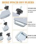 Sixteen Piece Hose Clamp Pliers Set for Automotive Repair, showing four hose pinch off pliers with sturdy knobs and U-jaws