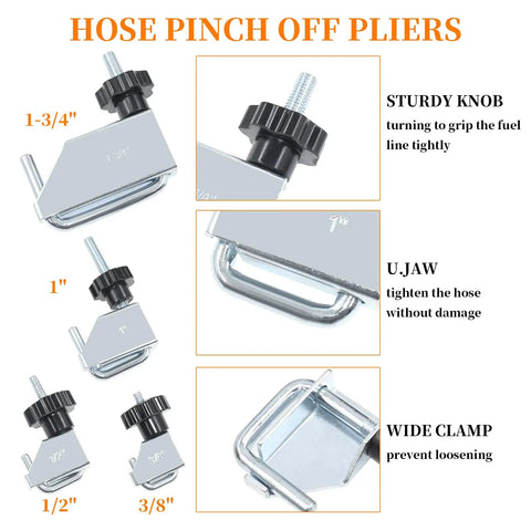 Sixteen Piece Hose Clamp Pliers Set for Automotive Repair, showing four hose pinch off pliers with sturdy knobs and U-jaws