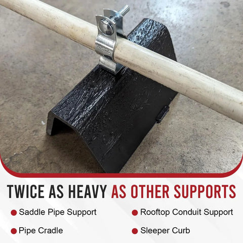 BullKE rooftop pipe support CTL, 6-inch heavy-duty cradle in black recycled plastic with metal clamp, side view