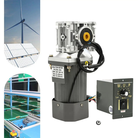 Built To Last Beefed Up Heavy Duty AC 110V 120W Worm Gear Motor With Speed Controller shown with industrial applications
