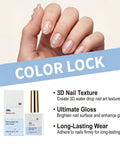 Hand with 3D water drop nail art using 3D Raindrop Gel Polish With Ultra Gloss Wet Look Top Coat and product packaging shown below.