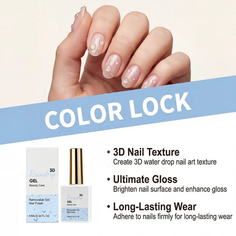Hand with 3D water drop nail art using 3D Raindrop Gel Polish With Ultra Gloss Wet Look Top Coat and product packaging shown below.