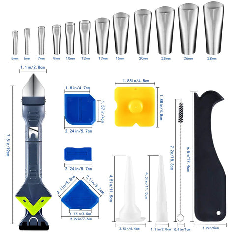 Comprehensive Caulking Tool Kit With 28 Pieces Silicone Tools And Stainless Steel Heads For Precision Sealant Application shown.