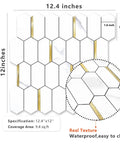 Long Hexagon Peel And Stick Backsplash Tiles Dope Look 10 Sheets 12.4 By 12 Inch White Marble Look PVC Mixed Metal Gold Self Adhesive Mosaic Wall Tiles For Kitchen And Bathroom detail image showing tile size and texture.