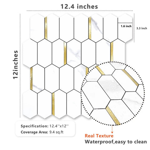 Long Hexagon Peel And Stick Backsplash Tiles Dope Look 10 Sheets 12.4 By 12 Inch White Marble Look PVC Mixed Metal Gold Self Adhesive Mosaic Wall Tiles For Kitchen And Bathroom detail image showing tile size and texture.