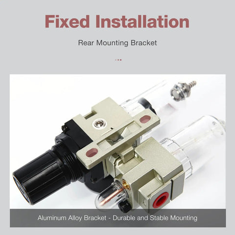 Dual FRL Air Filter Regulator Lubricator Combo Shop Ready One Quarter Inch NPT with pressure gauge and semi-auto drain aluminum bracket