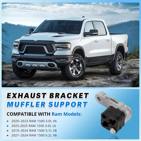 Rear Exhaust Bracket Muffler Support Rubber Isolator Hanger Assembly Set For Ram 1500 2019 To 2025 displayed with a truck.