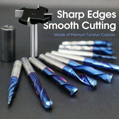 Ten Piece CNC Router Bit Set With One Quarter Inch Shank Solid Carbide For Woodworking Sign Making And Engraving Includes Ball Nose Upcut Downcut V Groove Mortise Slotting And Trimming Detail Bits