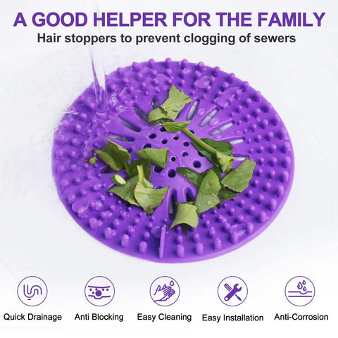 Heavy Duty Stainless Steel Hair Catcher For Shower Drain And Bathtub Tub With Solid Anchor Block upgraded drain strainer in purple catching debris.