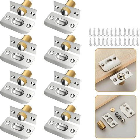 Eight Sets Stainless Steel Ball Catch With Adjustable Hidden Door Latch For Cabinets And Closets Easy Install Invisible Swing Panel Mount Durable Elastic Clamping Mechanism For Secure Closure displayed with installation parts and screws.