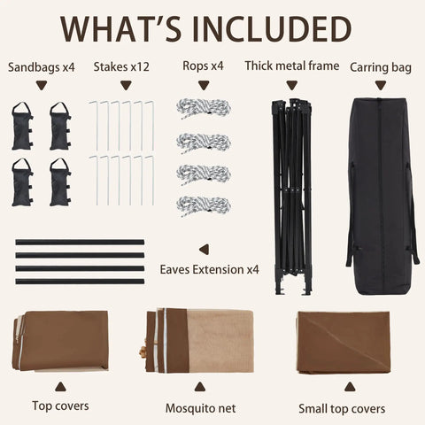 Components of 11x11 Pop Up Gazebo With Mosquito Netting One Person Setup, including sandbags, stakes, ropes, frame, and carrying bag.