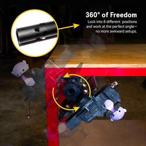 Roto-Mount 360 Degree Rotating Bench Mount For Vises, Grinders, And Notchers with attachments and quick-release tool system.