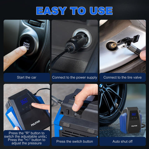 Steps to use 12V Car Tire Inflator Portable Air Compressor with Digital Pressure Gauge and Emergency LED Light