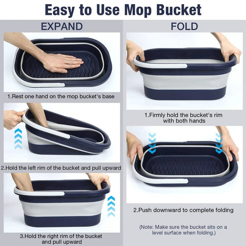 Instructions showing how to expand and fold the Portable Collapsible Mop Bucket With Handle For Car Washes And Laundry.