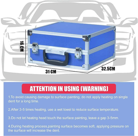 Blue carrying case for Electromagnetic Induction Auto Body Dent Repair Kit 1380W with warning instructions.