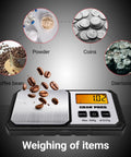 Ultra Portable Digital Gram Scale, 500G Capacity, 0.01G Accuracy, weighing coffee beans with LCD display.
