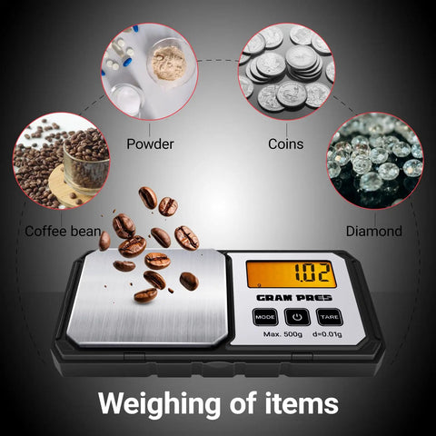 Ultra Portable Digital Gram Scale, 500G Capacity, 0.01G Accuracy, weighing coffee beans with LCD display.