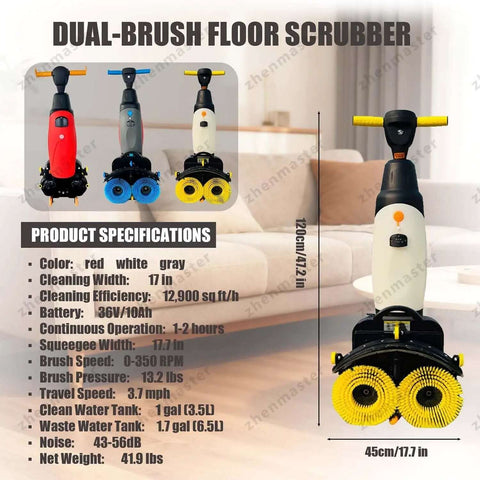 Walk Behind Floor Scrubber Machine With 17 Inch Cleaning Width Lightweight 44 Lb Electric Floor Washer Dryer shown in home setting