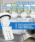 Washer Drain Pump Filter Replacement That Replaces WH23X10029 And WH23X10027 Plus AP7205454 highlighted with features.