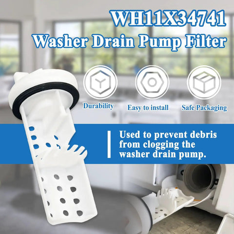 Washer Drain Pump Filter Replacement That Replaces WH23X10029 And WH23X10027 Plus AP7205454 highlighted with features.