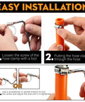Easy installation of Beefed-Up 304 Stainless Steel Hose Clamps Kit With 175 Pieces, heavy duty adjustable clamps shown on orange hose.