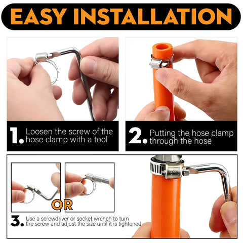 Easy installation of Beefed-Up 304 Stainless Steel Hose Clamps Kit With 175 Pieces, heavy duty adjustable clamps shown on orange hose.