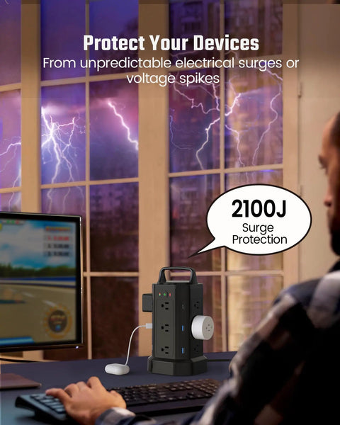 Office setup with Power Strip Surge Protector Tower With 12 AC Outlets And 6 USB Ports Including 2 USB C, 2100J protection.