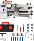 8x14 Inch Metal Lathe Machine With 650W Motor And Adjustable Speed Up To 2250 RPM, cast iron construction with tools and toolbox.
