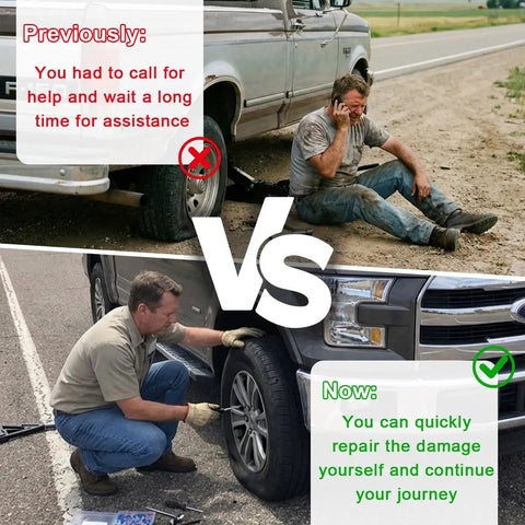 Before and after using 100 Piece Tire Repair Screws Kit With Screwdriver For Cars Trucks And Motorcycles Tire Plug Kit With Screw In Plugs In Three Sizes Emergency Flat Tire Repair Tool To Get You Back On The Road Fast.