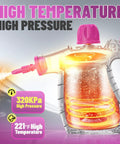 Toss Out Old Dirt Fast With This Powerpacked Handheld Steam Cleaner showing high temperature and pressure, with clear tank and steam nozzle.