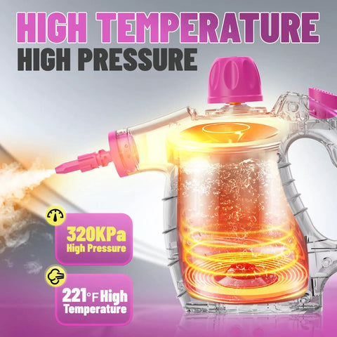 Toss Out Old Dirt Fast With This Powerpacked Handheld Steam Cleaner showing high temperature and pressure, with clear tank and steam nozzle.