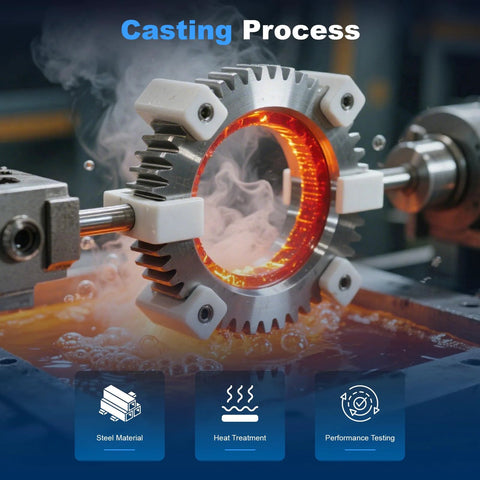 Metal gear undergoing casting process with steel material, heat treatment, and performance testing indicators visible.