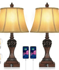 Set Of 2 Touch Control 3-Way Dimmable Bedside Lamps With Two USB Charging Ports Bell Shape Faux Silk Shade Brown Base LED Bulbs Included