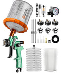 Pro Grade HVLP Auto Paint Spray Gun Knocking Out Slick Glass Finish With Precision Micron Atomization For Quick Garage Hot Rod Touch Ups Featuring Ten Spill Proof Disposable Cups.