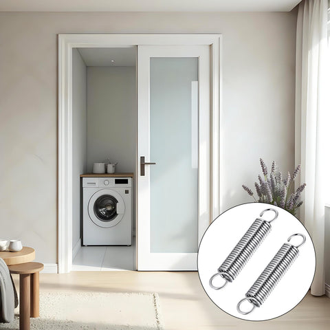 Durable Stainless Steel Extension Springs With Dual Hook Ends, 2 Inch Length, visible near laundry room, showing versatility in use