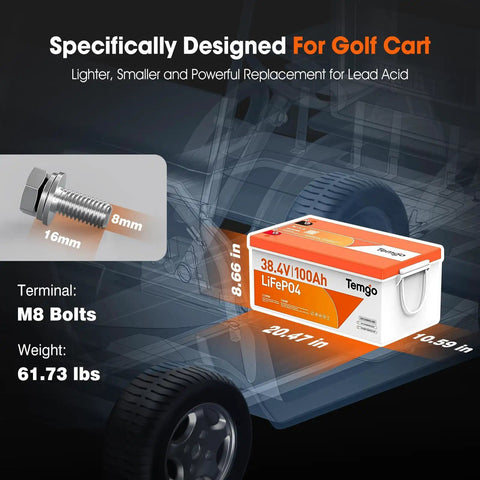 36V 38.4V Compatible LiFePO4 Golf Cart Battery Upgrade Kit with dimensions and bolt specifications on a golf cart diagram.