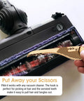 Vacuum Hair Brush Cleaner Tool For Pet And Human Hair Removal, Easy Peasy Rake Comb next to vacuum roller, serrated teeth visible