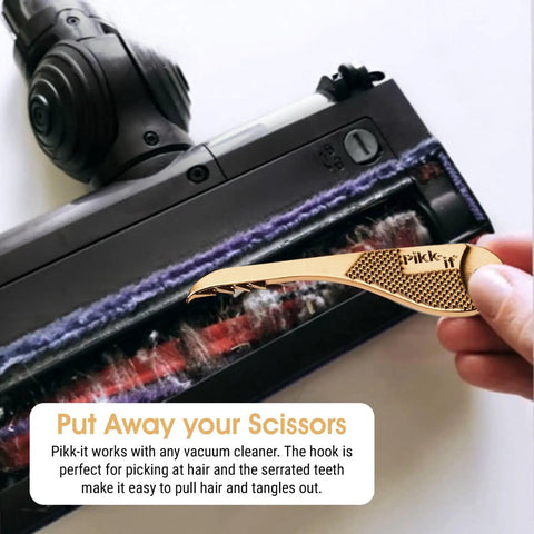 Vacuum Hair Brush Cleaner Tool For Pet And Human Hair Removal, Easy Peasy Rake Comb next to vacuum roller, serrated teeth visible