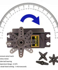 Beefy 55g Metal Gear MG995 Servo Motor Digital Torque Servo 4 Pack with rotation degrees and additional gear attachments.