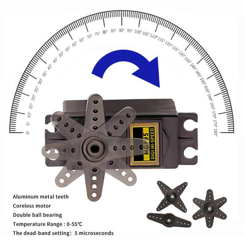 Beefy 55g Metal Gear MG995 Servo Motor Digital Torque Servo 4 Pack with rotation degrees and additional gear attachments.
